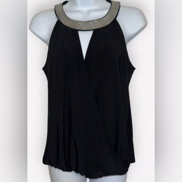 White House Black Market Faux Wrap Black Top With Silver Neckline Size Small - Picture 1 of 6